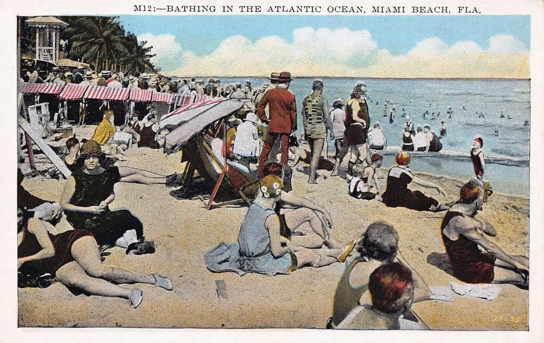 A circa 1920 postcard illustrates the latest style for Miami beach bathing.
