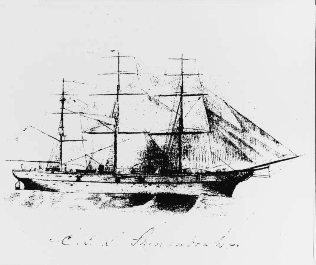 A sketch of the Shenandoah, from the inside cover of a notebook kept by its captain, Waddell