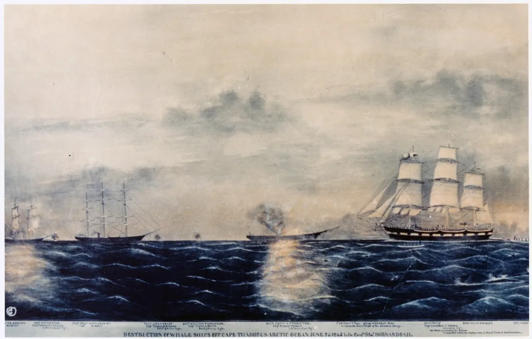 A painting of the destruction of whaling ships in the Arctic Ocean by the Shenandoah on June 23, 1865