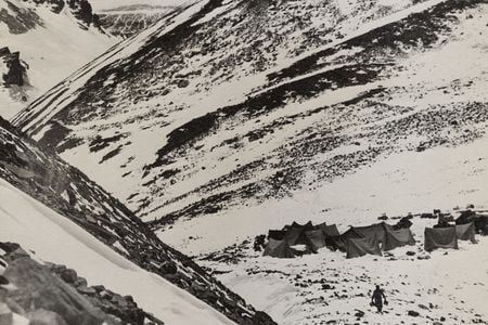 Camp III with Everest rising above the flank of Changtse mountain.