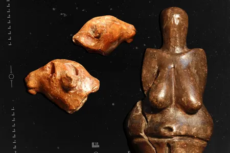 Two sides of a single ceramic lion&#39;s head and a female figurine from Dolni Vestonice