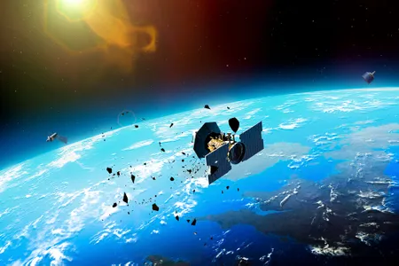 An illustration shows a satellite damaged by space debris. Objects that don&rsquo;t burn up in the atmosphere can pose a danger when they fall back to Earth.