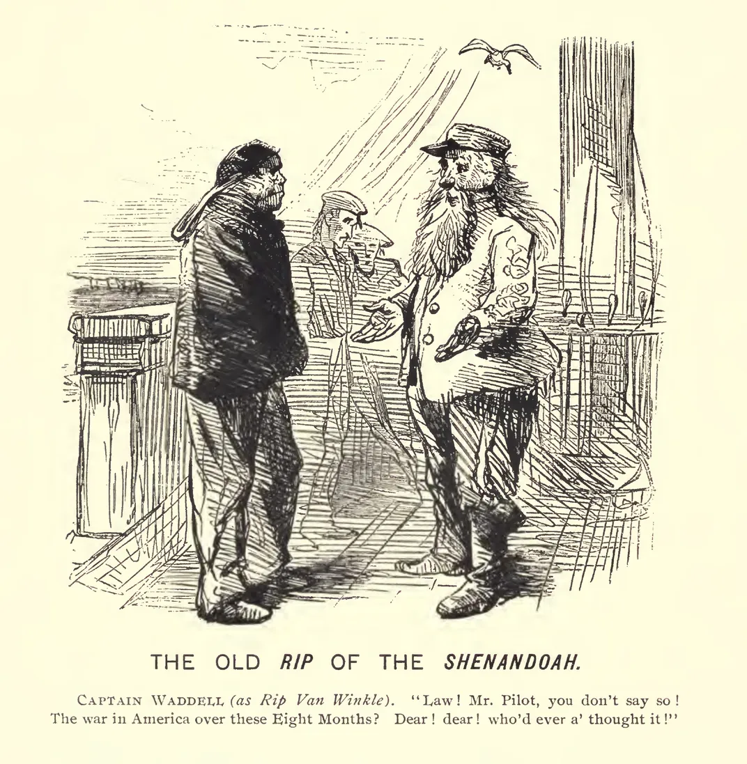 A Harper's Weekly cartoon satirizing Waddell's decision to continue engaging in combat after Robert E. Lee's surrender