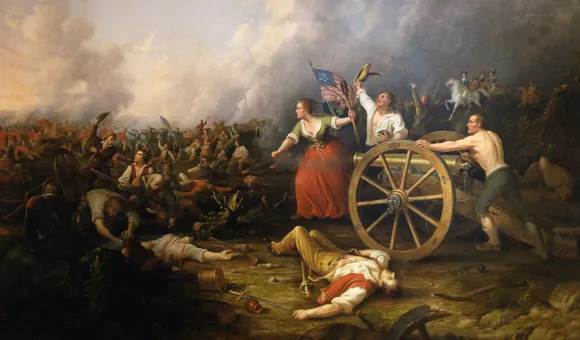 General battle scene with many people. Molly Pitcher in center of canvas manning cannon with bare-chested man igniting cannon. Two dead men featured in the foreground. Flag bearer behind Molly Pitcher.