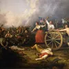 General battle scene with many people. Molly Pitcher in center of canvas manning cannon with bare-chested man igniting cannon. Two dead men featured in the foreground. Flag bearer behind Molly Pitcher.