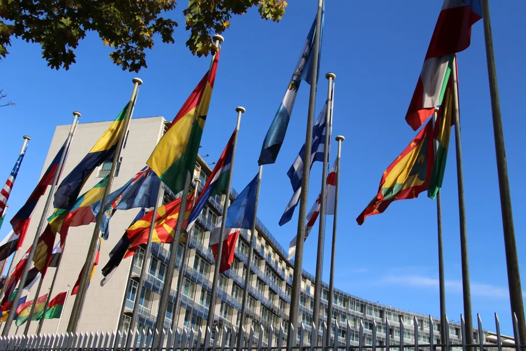 World flags outside of building