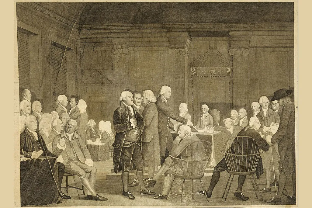 An engraving by Edward Savage, after Robert Edge Pine's 1784-1788 painting Congress Voting Independence