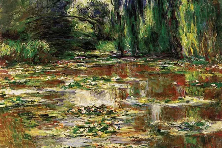 Bridge Over the Water Lily Pond, 1905. In earlier works, Monet painted the footbridge in a crisp, distinct arc. Here, its faint, shadowy curves blend into greenery of the natural surroundings.