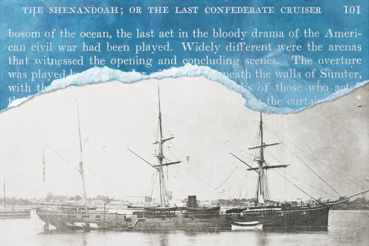 An illustration of the CSS Shenandoah, with text from Cornelius Hunt's memoir overlaid on top