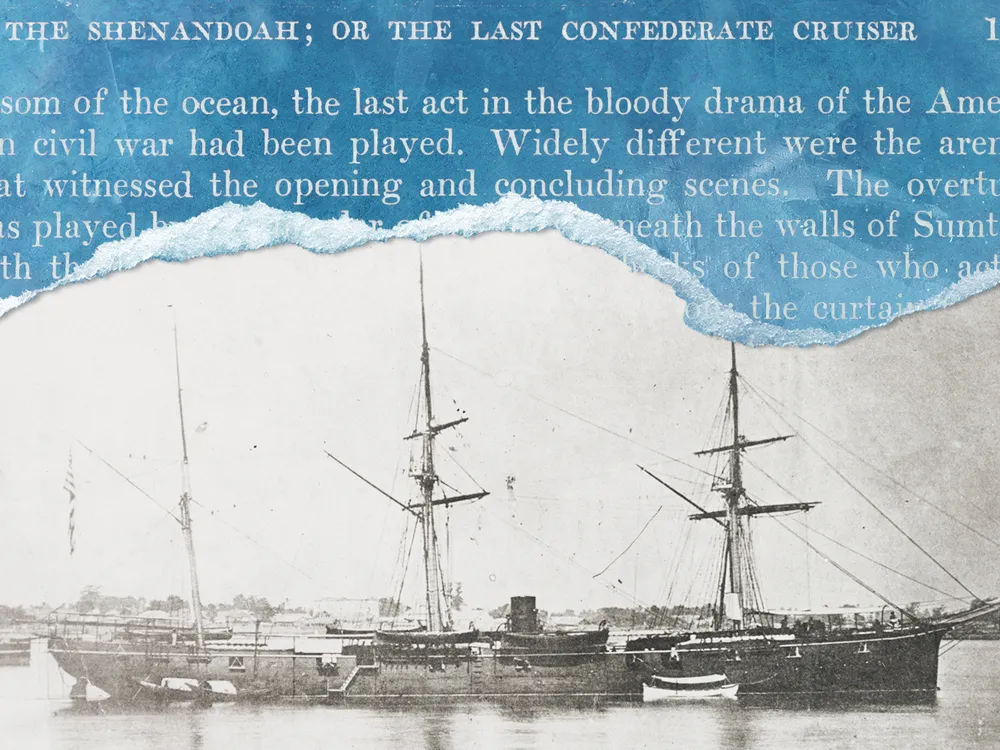 An illustration of the CSS Shenandoah, with text from Cornelius Hunt's memoir overlaid on top