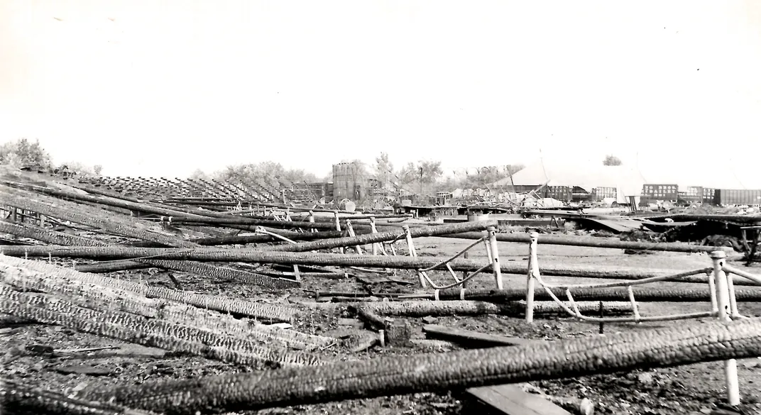 Charred tent poles in the aftermath of the Hartford circus fire