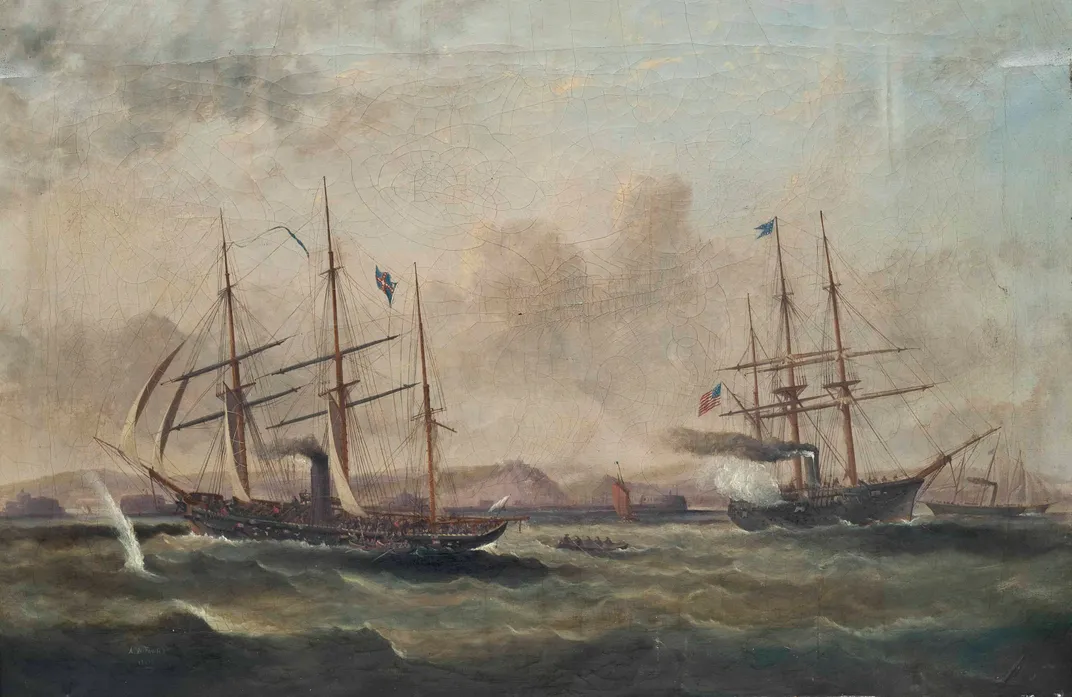 A painting of the engagement between the CSS Alabama and the USS Kearsage on June 19, 1864