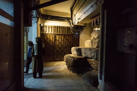 A surviving section of the Themistoclean Wall, built in the fifth century B.C.E., is hidden underground on Athens&#39; Dragatsaniou Street.