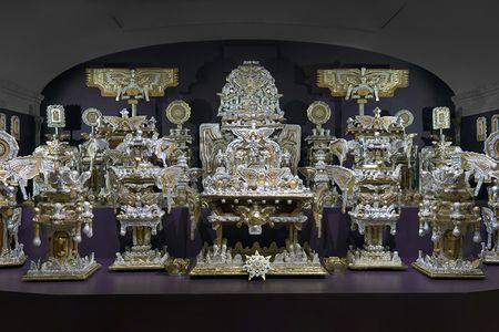 Large-scale installation, "The Throne of the Third Heaven," made of many silver and gold component parts.
